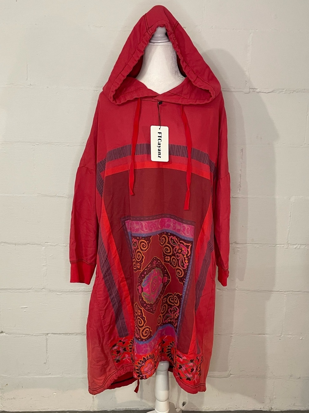 Red Patterned Hooded Sweatshirt Dress